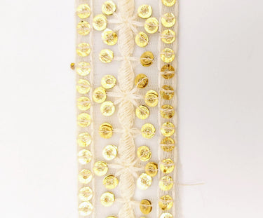Nine Yards White Net Lace Trim Floral Embroidered With Gold Sequins, Sequinned Trim, Wedding Trim Bridal Trim